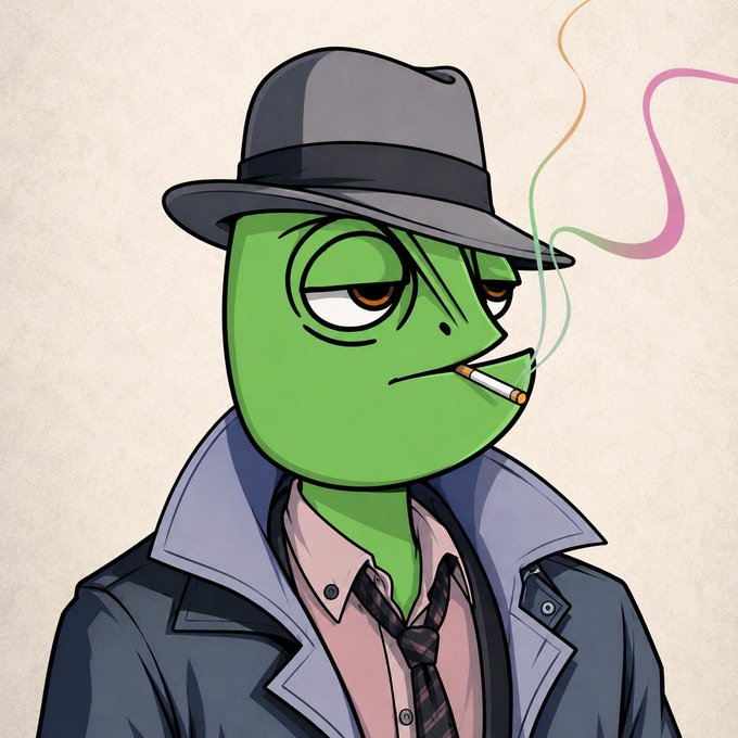 A cartoon green frog wearing a gray fedora, trench coat, and tie smokes a cigarette with a relaxed, no-care expression, perfectly matching the post's playful "rug free day" message of carefree living.