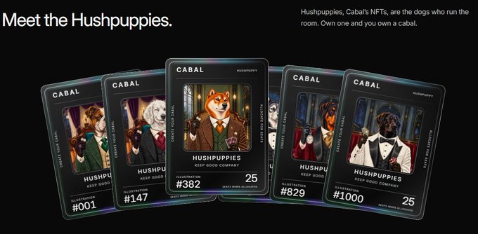 A promotional graphic titled 'Meet the Hushpuppies' showing five 'CABAL' NFT cards featuring anthropomorphic dogs in vintage attire, numbered #001, #147, #382, #829, and #1000, with text 'Hushpuppies, Cabal's NFTs, are the dogs who run the room.'