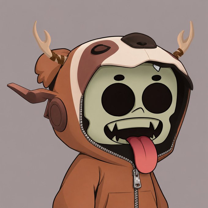 An illustrated cartoon character wearing a brown deer hoodie with antlers displays a skull face with its tongue hanging out.