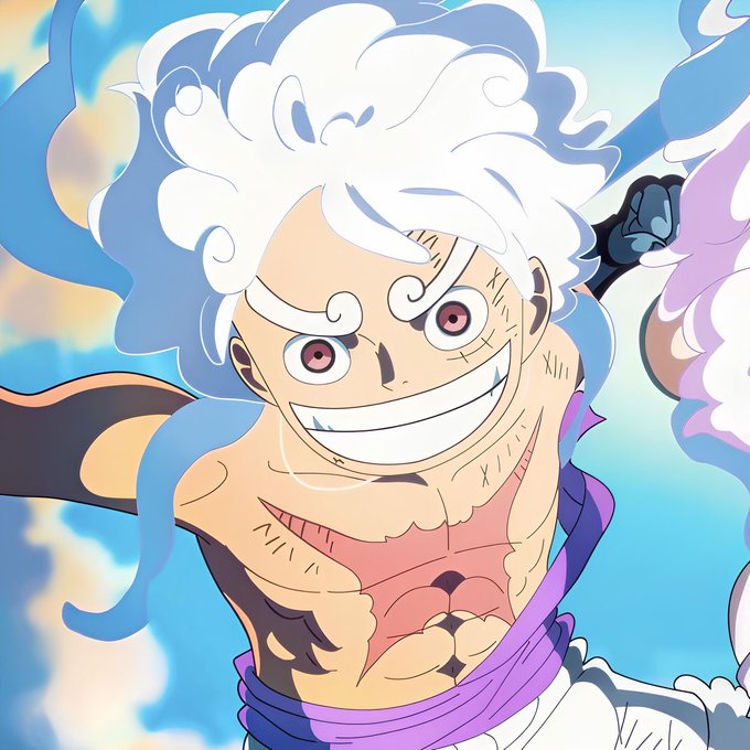 Anime close-up of a muscular character with wild white hair, a wide grin, and a scarred chest.