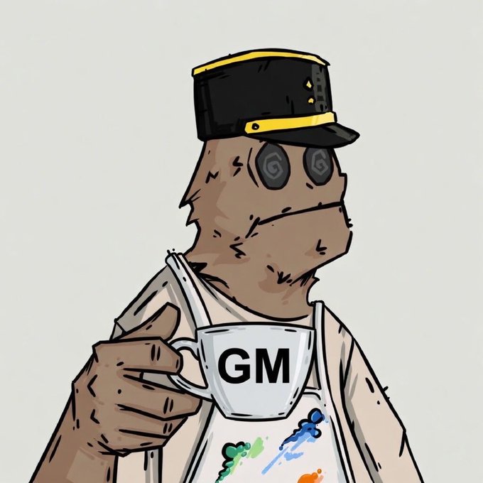 A cartoon illustration depicts a brown, beaver-like character wearing a black and yellow military-style cap, holding a mug labeled 'GM' on a paint-splattered apron.