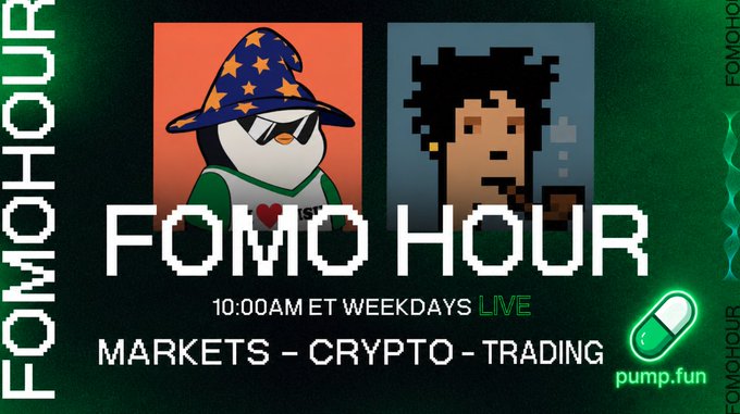 A promotional graphic for "FOMO HOUR" live streams, airing weekdays at 10:00 AM ET and covering markets, crypto, and trading, featuring pixel-art mascots of a wizard and a character with dark hair alongside a Pump.Fun pill logo, tied to an announcement about discussing crypto majors, alts, Pons, and RH Chain.