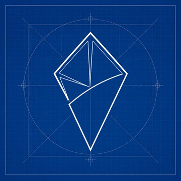 A blueprint-style technical drawing displays a faceted geometric shape resembling an angular crystal or gem, rendered in white lines on a blue grid background. The geometric design visually symbolizes the structural framework of AI-powered dynamic NFTs, representing how artificial intelligence constructs and continuously reshapes token metadata into evolving digital assets rather than static images.