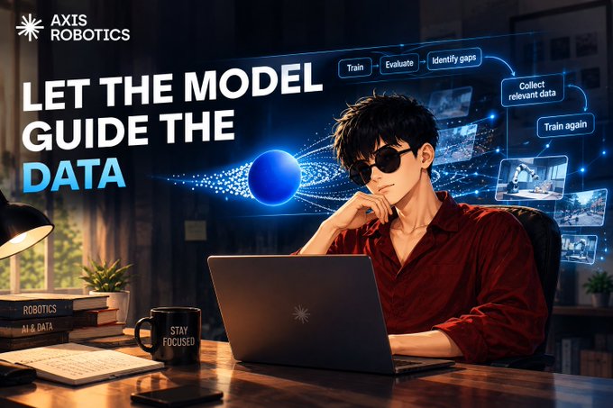 An advertisement for AXTS Robotics featuring an anime-style character with sunglasses at a laptop, with the tagline 'LET THE MODEL GUIDE THE DATA' and flowchart showing Train, Evaluate, Identify gaps, Collect relevant data, Train again.