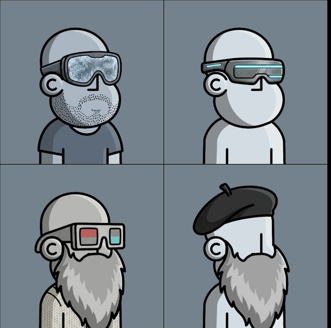 A four-panel cartoon of stylized bald characters wearing various eyewear including ski goggles, futuristic sunglasses, and 3D glasses, plus one wearing a beret.