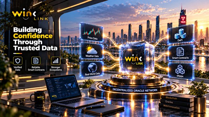 Marketing image for WinkLink showcasing 'Building Confidence Through Trusted Data' as a decentralized oracle network, displaying icons for Price Data, Weather Data, Real-World Data, DeFi, Smart Contracts, and dApps.
