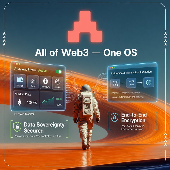 A futuristic Web3 promotional graphic titled 'All of Web3 — One OS' featuring an astronaut, an 'AI Agent Status: Active' panel, and highlights for 'Data Sovereignty Secured' and 'End-to-End Encryption'.