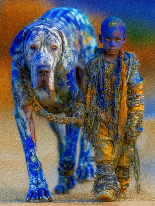 A young child stands beside a large Great Dane, their bodies intertwined with vibrant blue and orange paint splatters, symbolizing the deep bond between a boy and his guardian dog. The artwork, titled "Guardian," reflects the personal connection the artist shares with their childhood dog, who once protected them and now receives their care in return.