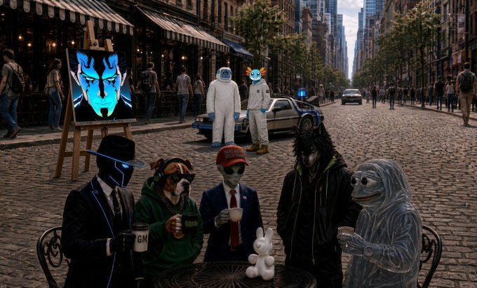 A diverse group of costumed characters—including a blue-masked figure, a dog, a zombie-like figure in a suit, a person in a dark hoodie, and a ghost—gather around a table on a cobblestone street, with two additional masked figures standing near a police car in the background and an easel displaying "GN" text to the left, visually representing the crypto project's community of diverse supporters and builders being celebrated in the post.
