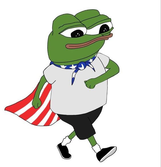 A cartoon illustration of Pepe the Frog wearing an American flag bandana and cape, walking with hands on hips in a patriotic outfit with black shorts and sneakers.