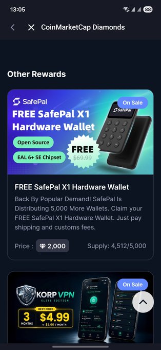 The image shows a CoinMarketCap Diamonds rewards page featuring a "FREE SafePal X1 Hardware Wallet" promotion available for 2,000 diamonds (supply: 4,512/5,000), and a KORP VPN 3-month deal for $4.99. This aligns with the post's description of a Safepal airdrop where users can redeem a free hardware wallet by collecting 2,000 diamonds through daily check-ins on the CoinMarketCap app.