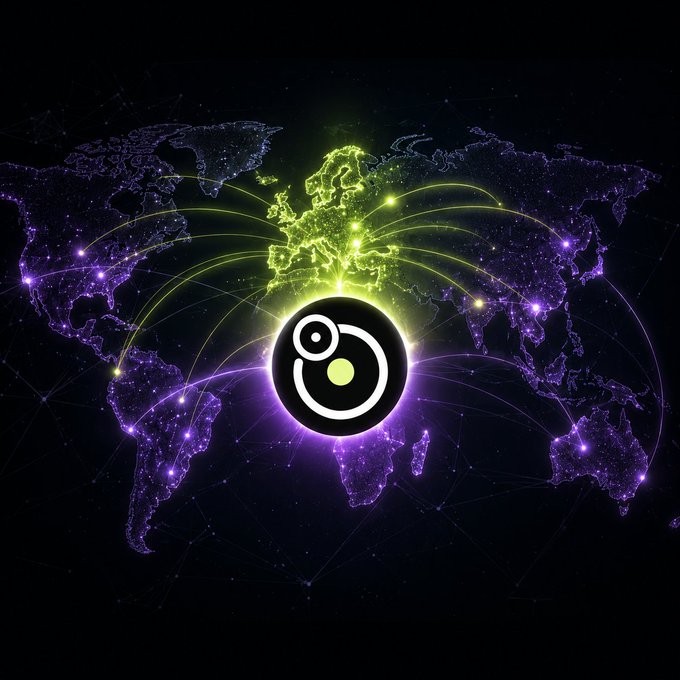 A neon digital illustration of a world map in purple and green with glowing connection lines and a stylized circular logo in the center.