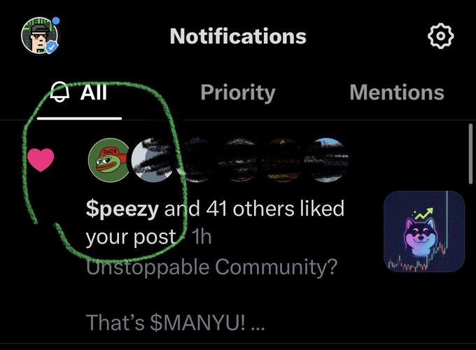 A social media notifications screen showing '$peezy and 41 others liked your post' from the 'Unstoppable Community' group, with the first reaction circled in green.
