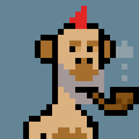 A low-resolution pixel art image showing a figure with a red mohawk and brown face, wearing a grey tank top against a blue background with some white cloud-like shapes.
