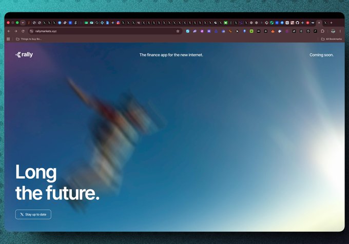 A screenshot of the RallyMarkets.xyz website showing a "Coming soon" landing page with the tagline "The finance app for the new internet" and a prominent heading reading "Long the future." The image illustrates the teased early-stage DeFi project, confirming it has a website under development but offering minimal additional details beyond what the post suggests.