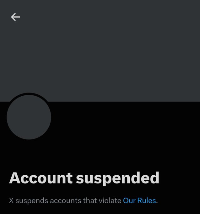 A screenshot showing a suspended X account page with the message "Account suspended" and "X suspends accounts that violate Our Rules."