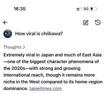 The image shows a mobile screenshot displaying an AI response about how viral Chiikawa is, noting it is "Extremely viral in Japan and much of East Asia—one of the biggest character phenomena of the 2020s—with strong and growing international reach," with the source listed as taipeitimes.com. This supports the post's claim about Chiikawa being a record-breaking viral character with international expansion underway.