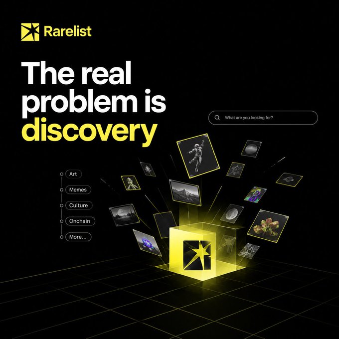 A promotional graphic for 'Rarelist' with the tagline 'The real problem is discovery,' featuring a yellow glowing box emitting various digital art and meme cards against a black background.