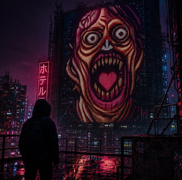 A dark cyberpunk-style digital artwork depicting a hooded figure looking up at a massive building displaying a terrifying screaming face made of LED lights, with Japanese text 'ホテル' (hotel) visible on a neon sign.