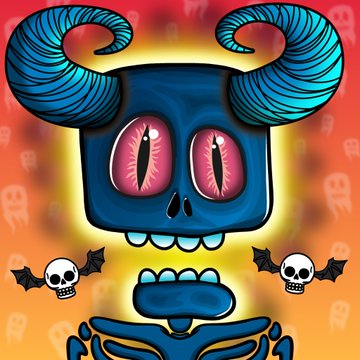 A stylized blue demon skull with curled horns, glowing pink eyes, and floating bat-winged skulls floats above a matching skeleton against a fiery orange background. The artwork's demonic skull motif aligns with the artist's invitation to contribute to the Bored Skull Artists collection, marking their debut piece in the project.