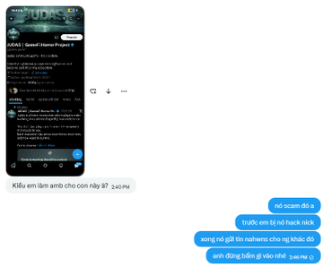 A chat conversation in Vietnamese with text 'kiểu em làm amb cho coin này á?' and replies discussing an 'amb' role in crypto marketing.
