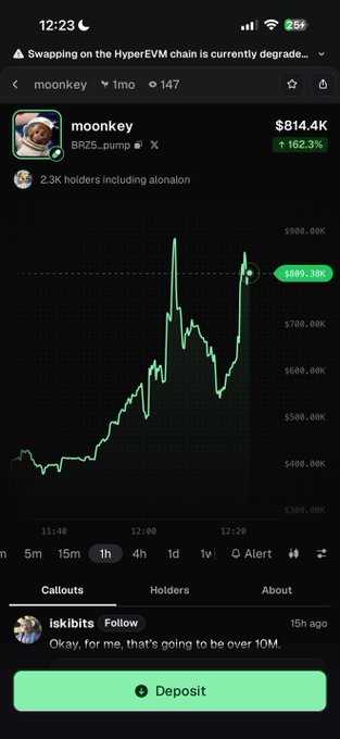 Mobile app screenshot (likely DEXTools) showing the 'moonkey' token (BRZS_pump) on HyperEVM chain at $814.4K market cap with +162.3% gain, displaying a price chart peaking near $889.38K and a recent 'iskibits' comment 'Okay, for me, that's going to be over 10M.'