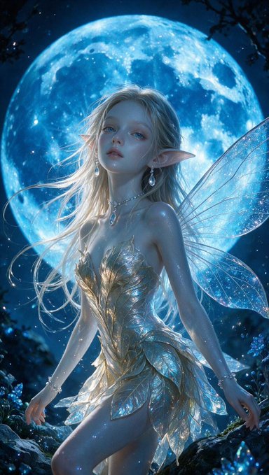 A fantasy digital illustration of a fairy-like figure with long blonde hair and pointed ears, wearing an ornate golden and blue gown with translucent butterfly wings, posed against a massive glowing blue moon.