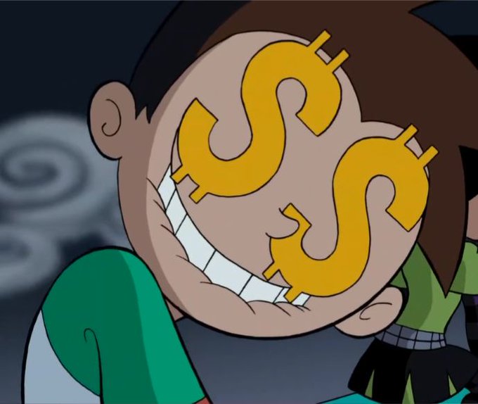 A cartoon character from "The Fairly OddParents" has two golden dollar sign ($) symbols covering his eyes, with a post mentioning "solana boy" as a playful greeting. The image humorously represents the Solana (SOL) cryptocurrency, using the money-eyed trope to convey excitement or enthusiasm about the coin.
