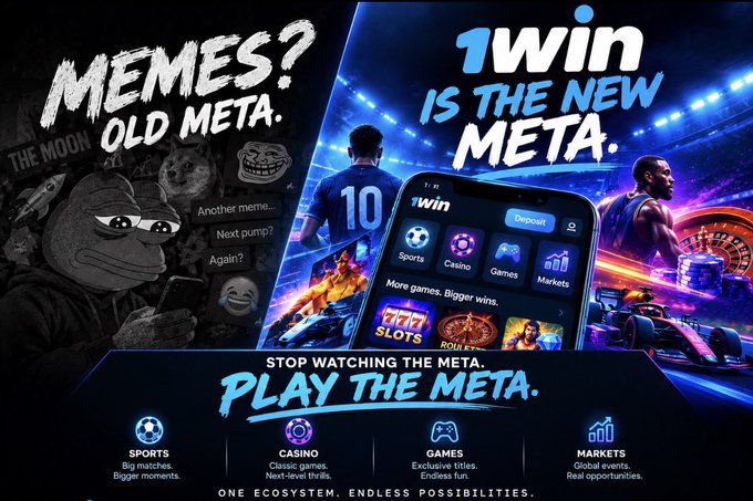 A bold promotional graphic contrasts "old meta" meme culture (featuring Pepe the Frog and troll faces) with "1WIN IS THE NEW META," showcasing a smartphone app displaying categories like Sports, Casino, Games, and Markets, alongside imagery of football players, race cars, and games. The tagline "STOP WATCHING THE META. PLAY THE META." reinforces the post's claim that 1win is the new, action-packed ecosystem beyond just meme trading.
