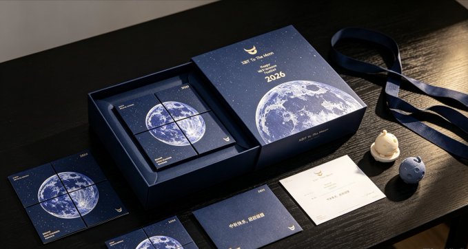 A deep blue XBIT Mid-Autumn Festival 2026 gift box featuring a lunar-themed design with moon imagery, displayed open on a dark surface alongside matching cards, a navy ribbon, a small moon figurine, and a card addressed to "Derek Wong," reflecting the elegant and atmospheric packaging praised in the post.