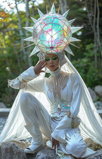 A person in an elaborate white futuristic costume with a large iridescent spiked headdress and dramatic green eye makeup, posing outdoors among greenery.
