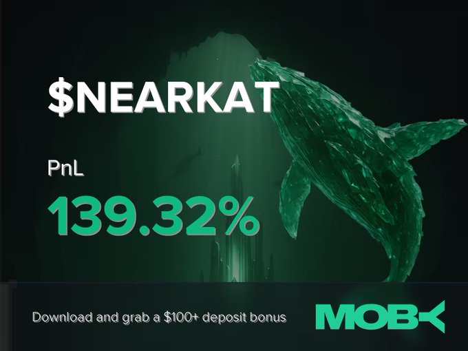 A promotional graphic for Moby Mobile showcases a trader closing a $NEARKAT position with a PnL of +139.32%, featuring a green whale silhouette and a call-to-action to "Download and grab a $100+ deposit bonus" alongside the Moby logo. The design visually celebrates the win highlighted by the accompanying win alert post.