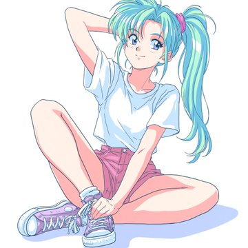 An anime-style illustration of a girl with teal pigtails tying her shoelaces while sitting on the ground.