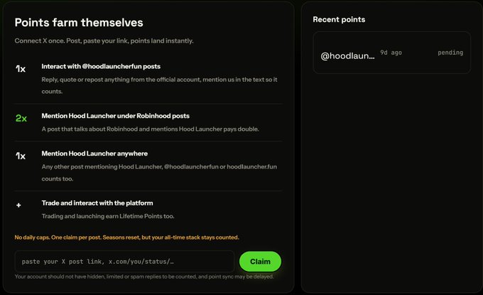 A dark-themed 'Points farm themselves' dashboard from Hoodlauncher.fun, showing how users can earn points by interacting with @hoodlauncherfun posts (1x), mentioning Hood Launcher under Robinhood posts (2x), or mentioning it anywhere (1x), with a 'Claim' button to paste X post links.