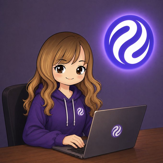 An anime-style illustration of a girl with long brown hair wearing a purple hoodie, working on a laptop with the purple ecosystem logo displayed in the background.