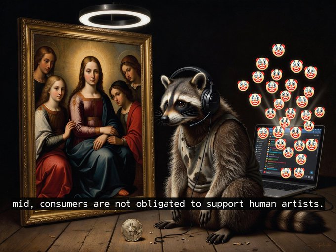 An AI-generated image showing a raccoon wearing headphones next to a classical religious painting and a laptop with clown emojis, with the caption 'mid, consumers are not obligated to support human artists.'