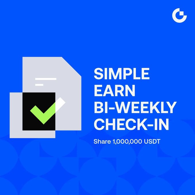 The image is a blue promotional graphic with a white document/check icon featuring a green checkmark, alongside the text "SIMPLE EARN BI-WEEKLY CHECK-IN" and "Share 1,000,000 USDT," with a small "G" logo in the top right corner. It visually represents the Simple Earn Bi-Weekly Check-In Phase 2 event, highlighting the 1,000,000 USDT total prize pool available for participants who check in daily to claim rewards.