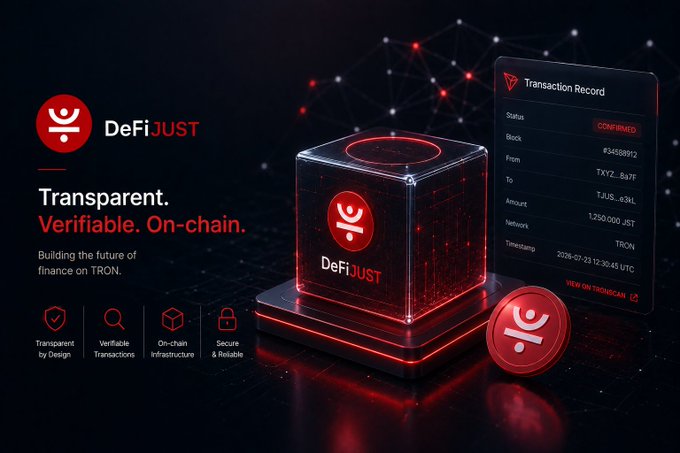 A promotional graphic for 'DeFiJUST' featuring a red glowing cube and transaction record details on the TRON network, with text reading 'Transparent. Verifiable. On-chain.'