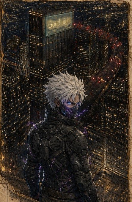 A white-haired figure in tactical gear stands overlooking a glowing nighttime cityscape with a skyscraper displaying "Good night" on its facade, matching the post's "Good Night Fam" sign-off. Purple lightning crackles around the character, adding a dramatic flair to the urban vigil scene.