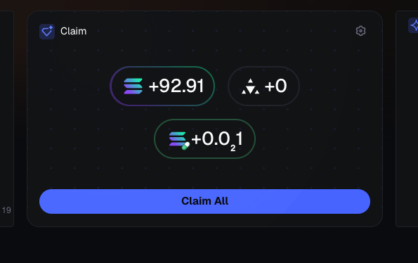 A user interface displays a "Claim" rewards screen showing available balances of +92.91 Solflare (or similar token) and +0.01 with what appears to be an APT or similar symbol, alongside a "+0" amount and a blue "Claim All" button. This relates to the post about receiving a random "axiom stimmy" in rewards, as the image shows the claimed tokens that the user likely received unexpectedly.