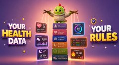 A purple promotional graphic reads 'YOUR HEALTH DATA' on the left and 'YOUR RULES' on the right, with health metrics from Middle East flags in the center beneath a small red character.