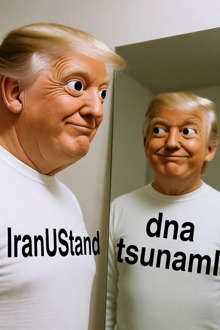 A cartoon-style image of Donald Trump looking at himself in a mirror, wearing a white t-shirt that reads 'IranUTand' on him and 'dna tsunaml' in the reflection.
