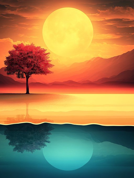 A digital illustration depicting a tree with reddish-orange foliage standing on a shoreline against a backdrop of mountains and a large yellow sun or moon, with its reflection and that of the sun visible in the water below.