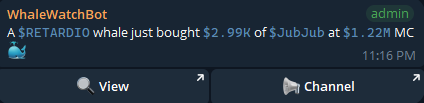A WhaleWatchBot notification stating 'A $RETARDIO whale just bought $2.99K of $JubJub at $1.22M MC' at 11:16 PM.