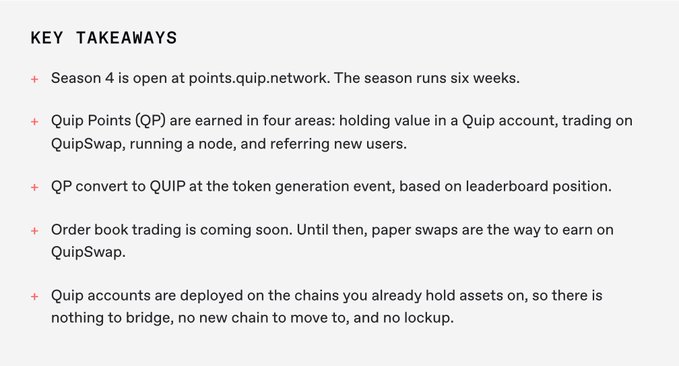 A text slide titled 'KEY TAKEAWAYS' lists five bullet points about Quip Network's Season 4, including the six-week duration, how Quip Points (QP) are earned, their conversion to QUIP tokens, paper swaps on QuipSwap, and deployment on existing chains.