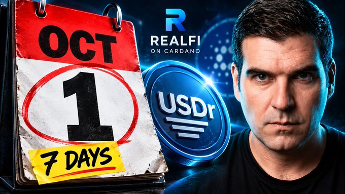 A YouTube thumbnail showing a man's face on the right, a calendar page displaying 'OCT 1' circled with '7 DAYS' highlighted in yellow, and a 'REALFI ON CARDANO' logo with a 'USDr' coin graphic.