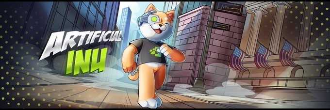 Promotional banner for 'ARTIFICIAL INU' cryptocurrency featuring a cartoon Shiba Inu dog wearing goggles and a black t-shirt with a green paw logo, running through a city street with American flags.