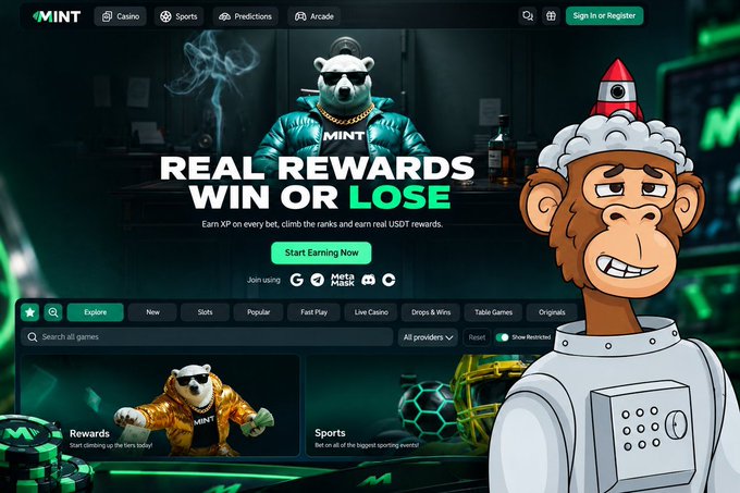 A promotional screenshot for the website MINT, featuring the headline "REAL REWARDS WIN OR LOSE," with navigation tabs for Casino, Sports, Predictions, and Arcade, alongside a cartoon monkey wearing a spacesuit.