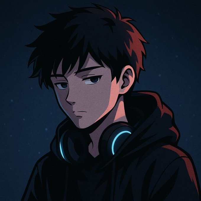 An anime-style portrait of a dark-haired young man with red highlights, wearing a black hoodie with glowing blue headphones around his neck, set against a dark blue background.