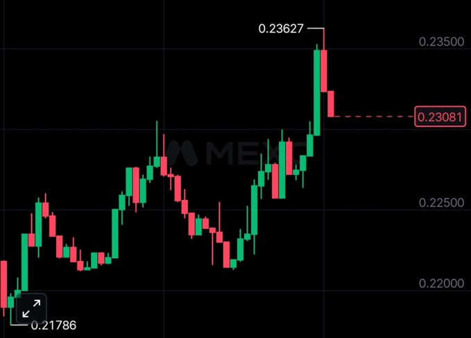 A candlestick chart with Meta branding in the background shows a price peak at 0.23627 and a drop to 0.23081, with an overall price range between 0.21786 and 0.23627.